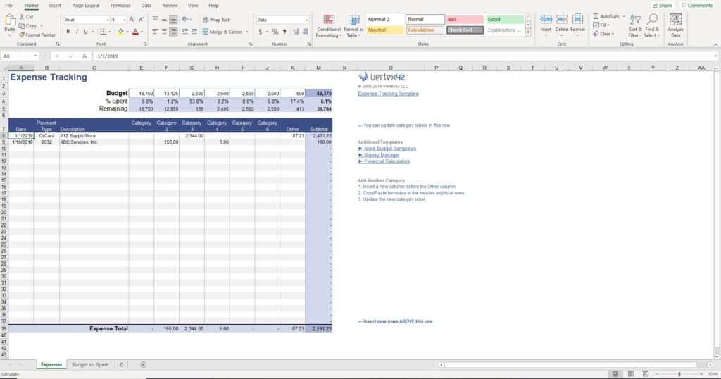 Expense tracking spreadsheet
