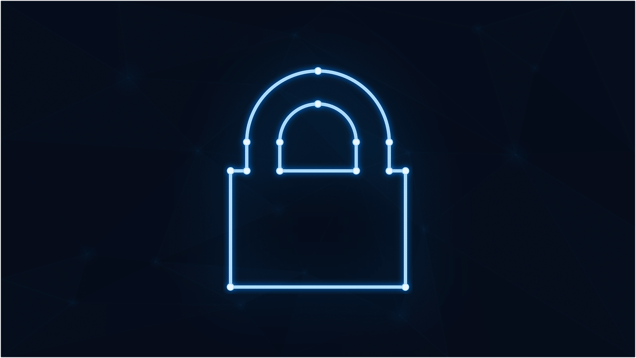 Illustration of a neon blue padlock on an all black background