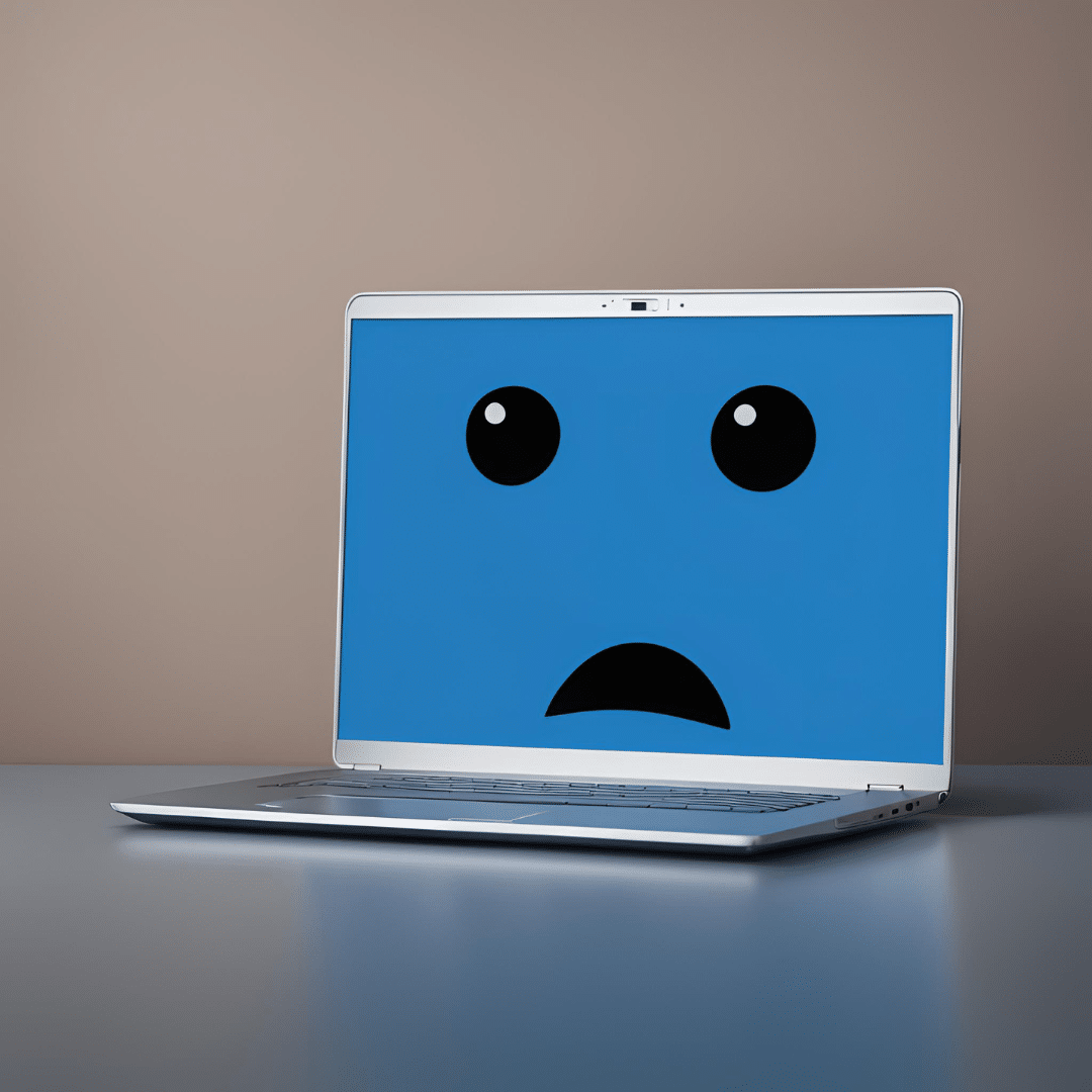 A laptop with a blue screen displaying a sad/worried face. The image is meant to depict the "blue screen of death."