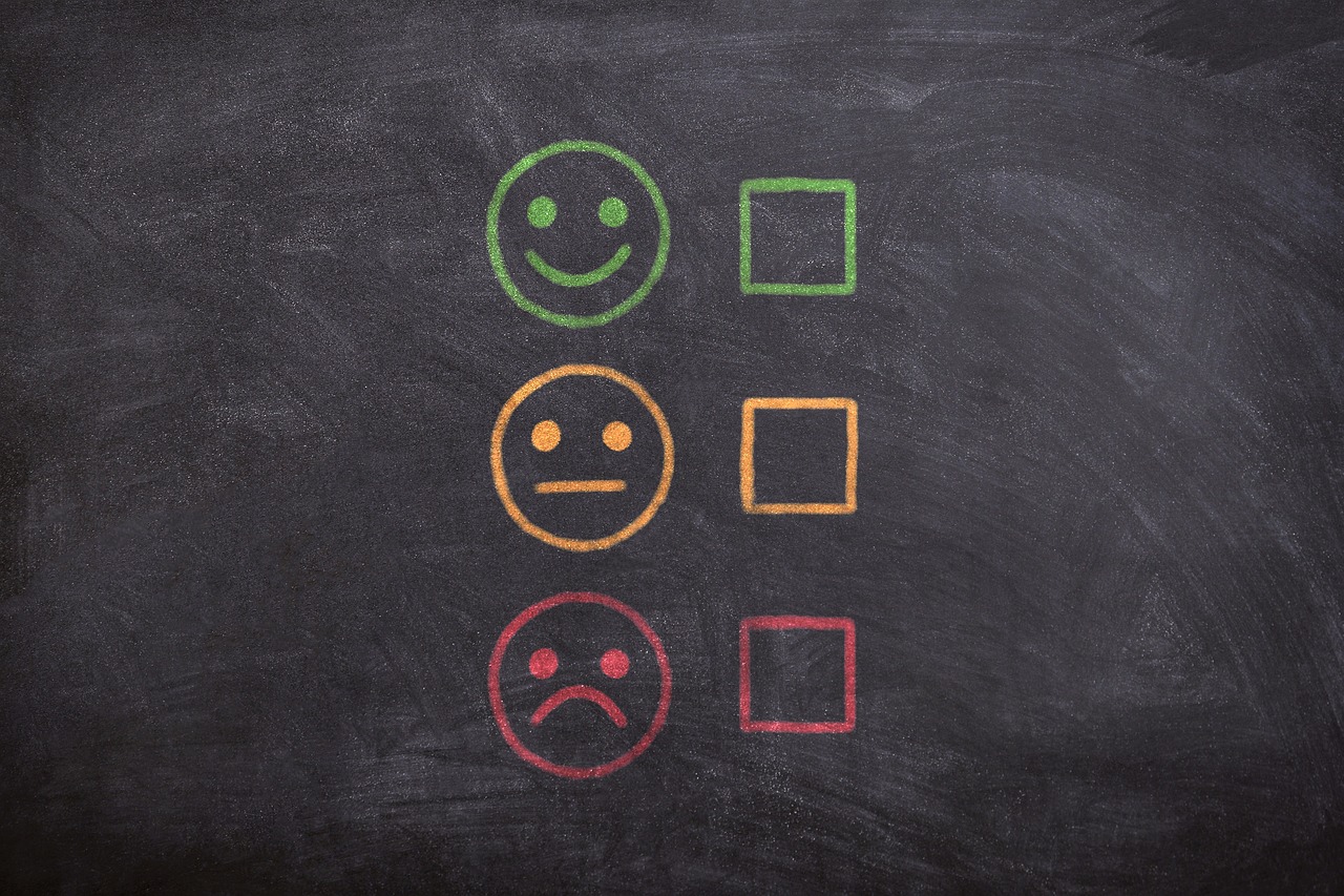 Three faces on a chalkboard, one smiling, one neutral, and one frowning, meant to signify feedback.