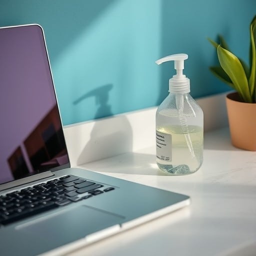 An image of hand sanitizer sitting next to a laptop on a desk within someone's home.