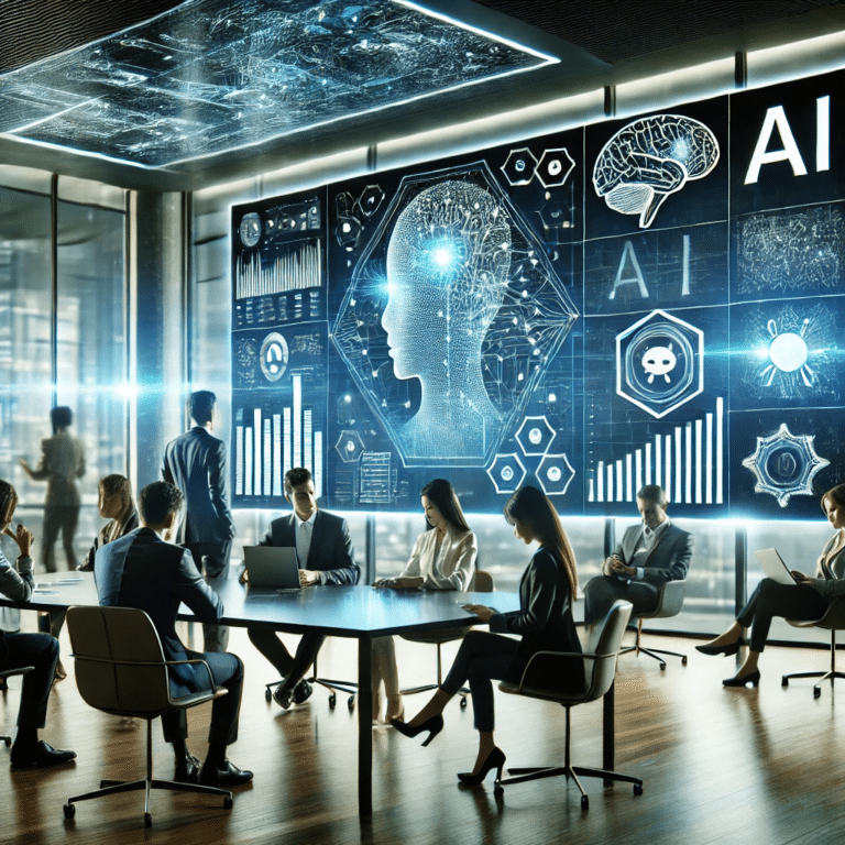 An image that depicts a business integrating AI into their business strategy. In the image there are computer -generated people sitting around a desk, conducting a meeting, with a digitized board in the background showing AI images