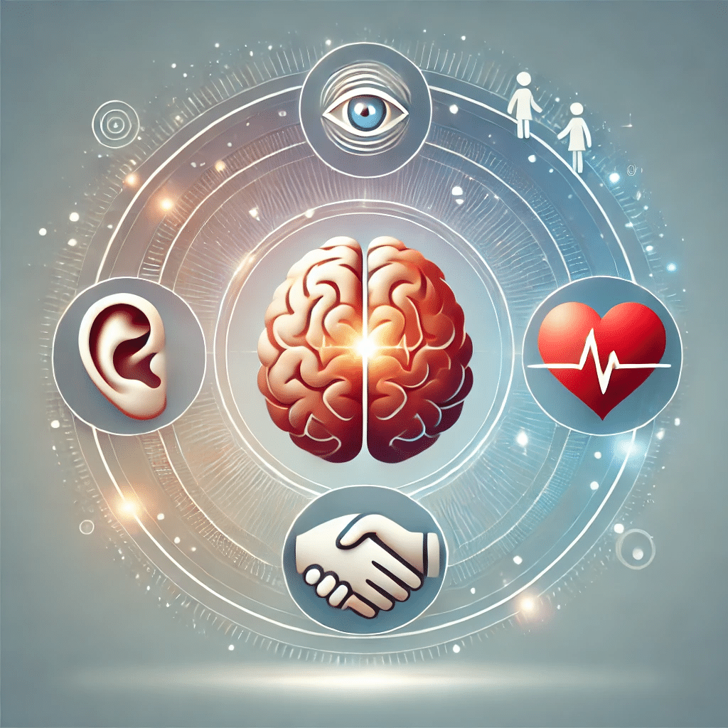 An image meant to depict emotional intelligence that shows a glowing brain, a single ear for active listening, a heart for empathy, and a handshake for strong relationships.